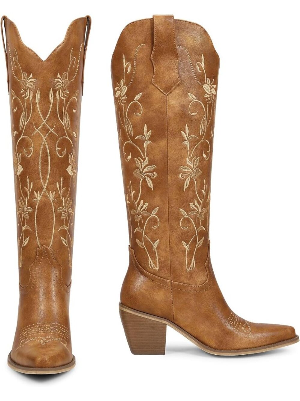 Women's Classic Brown Cowboy Knee High Cowgirl Boots Pointed Toe Chunky Heels - Picture 4 of 6